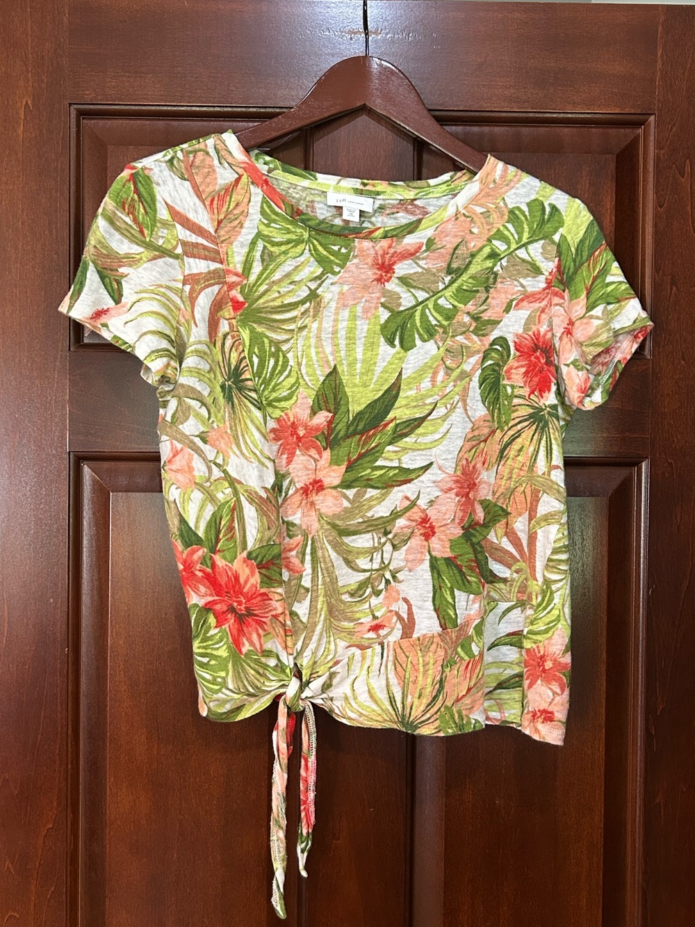 J. Jill Love Linen XS Petite Tropical Floral Tie Front 100% Linen Top